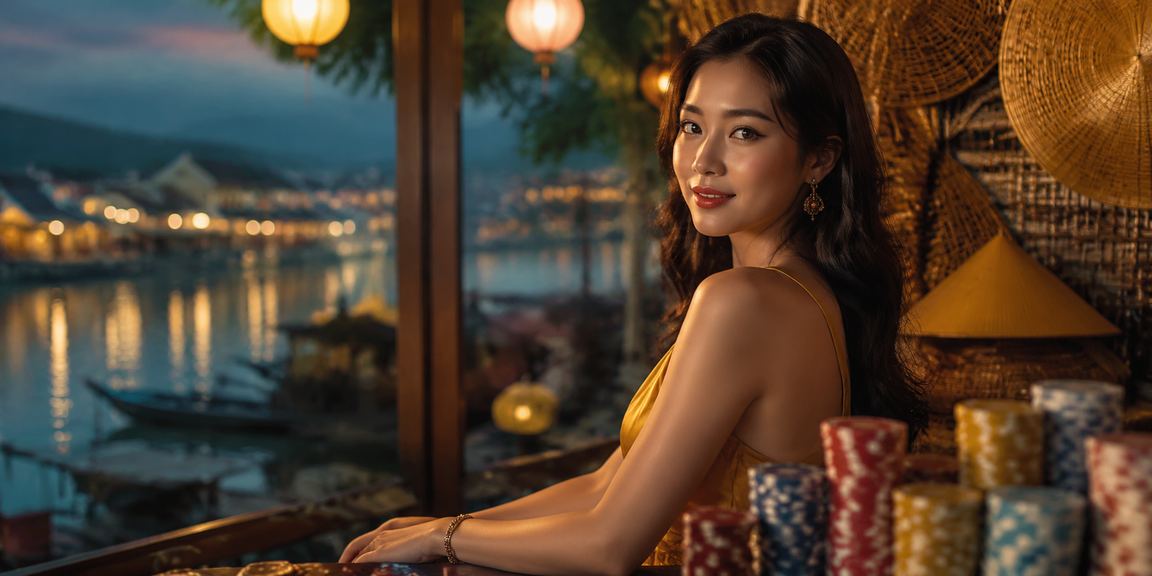 Người chơi slot game đội nón lá tại Hội An trên ứng dụng di động